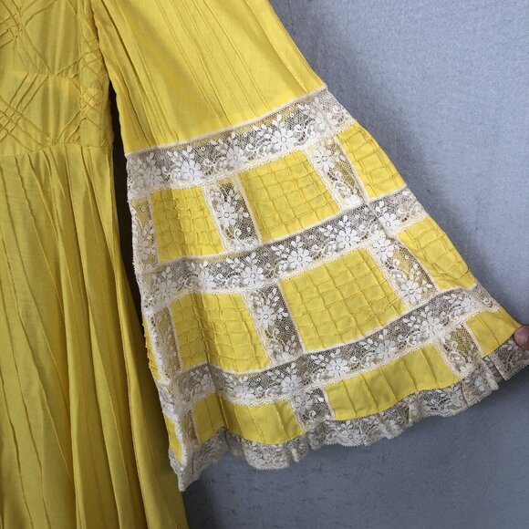 Vintage 1970s Boho Hippy Mexican Wedding Dress Tachi Castillo 14 Yellow Maxi - Picture 10 of 16